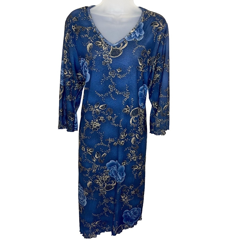 Expressions 90’s Y2K Dress 1X Stud Y2K Blue Lettuce Hem Angled V Neck Grunge